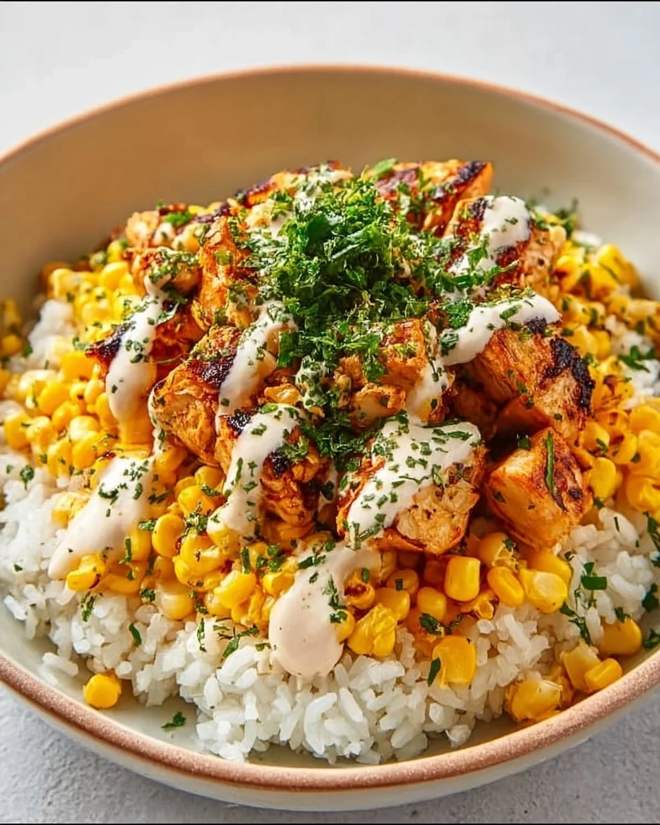Einfache Street Corn Hähnchen Reis Schüssel mit frischen Zutaten