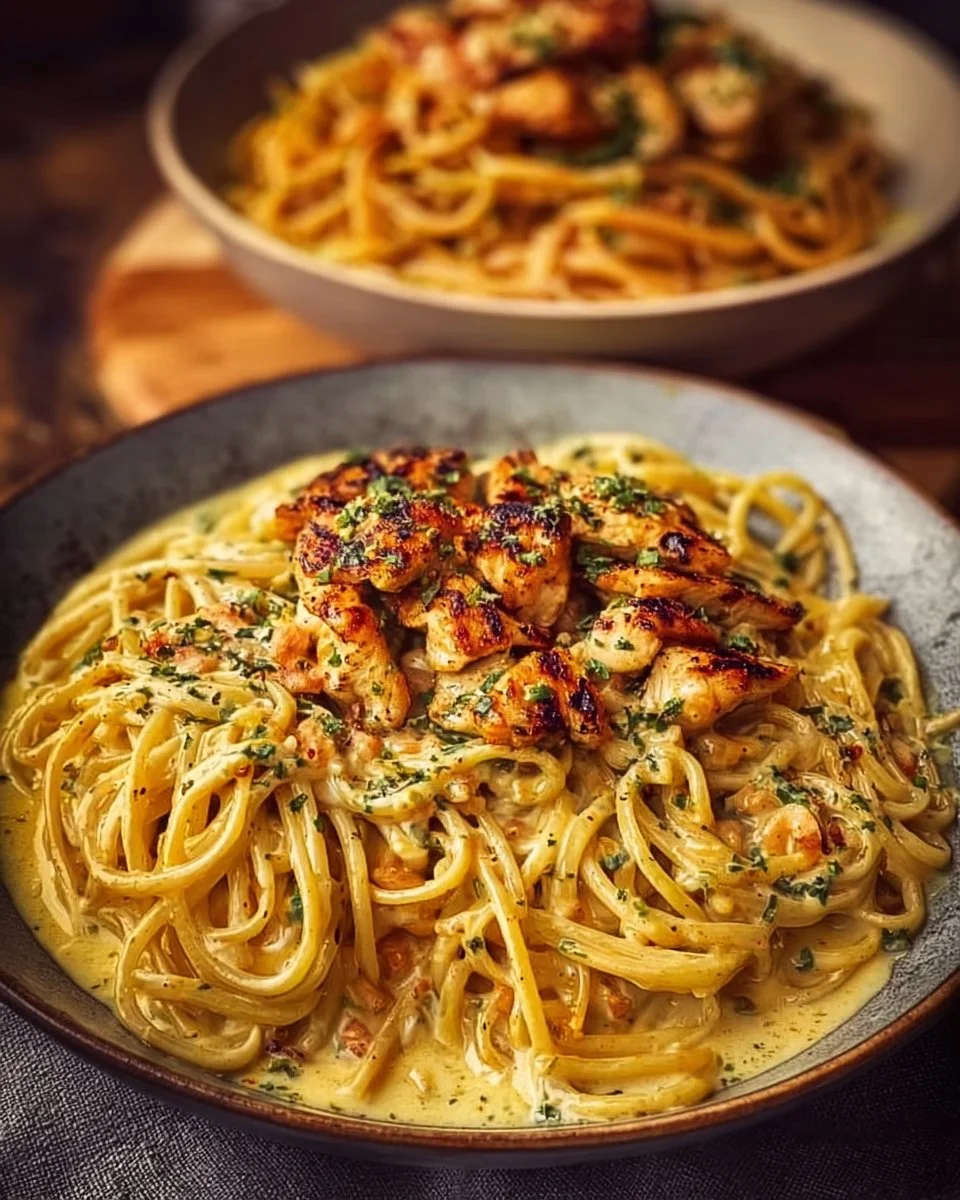 Herzhafter Cajun-Hühnchen und cremige Knoblauch-Parmesan-Linguine