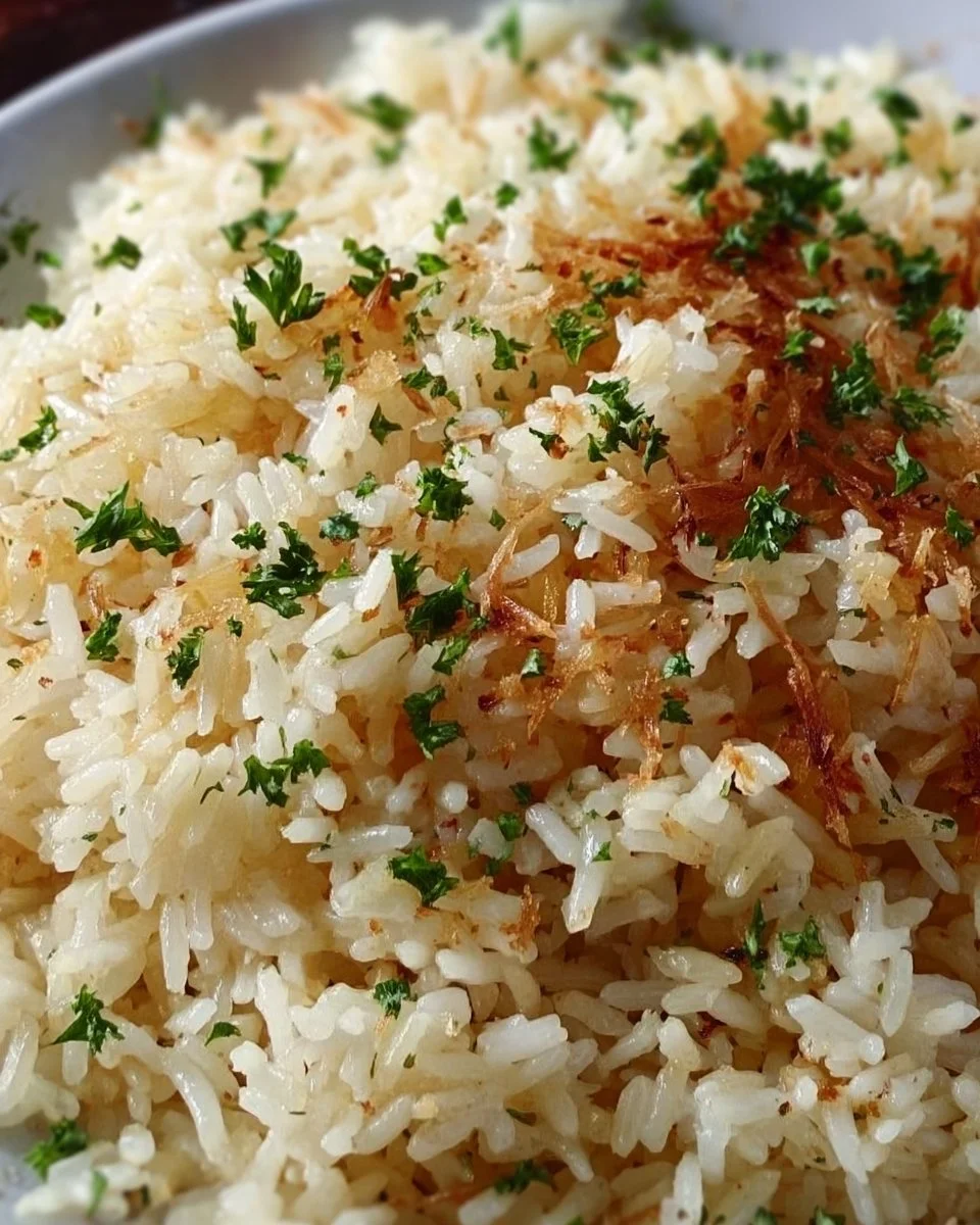 Knoblauch-Parmesan-Reis zubereitet mit frischem Knoblauch und Parmesan.