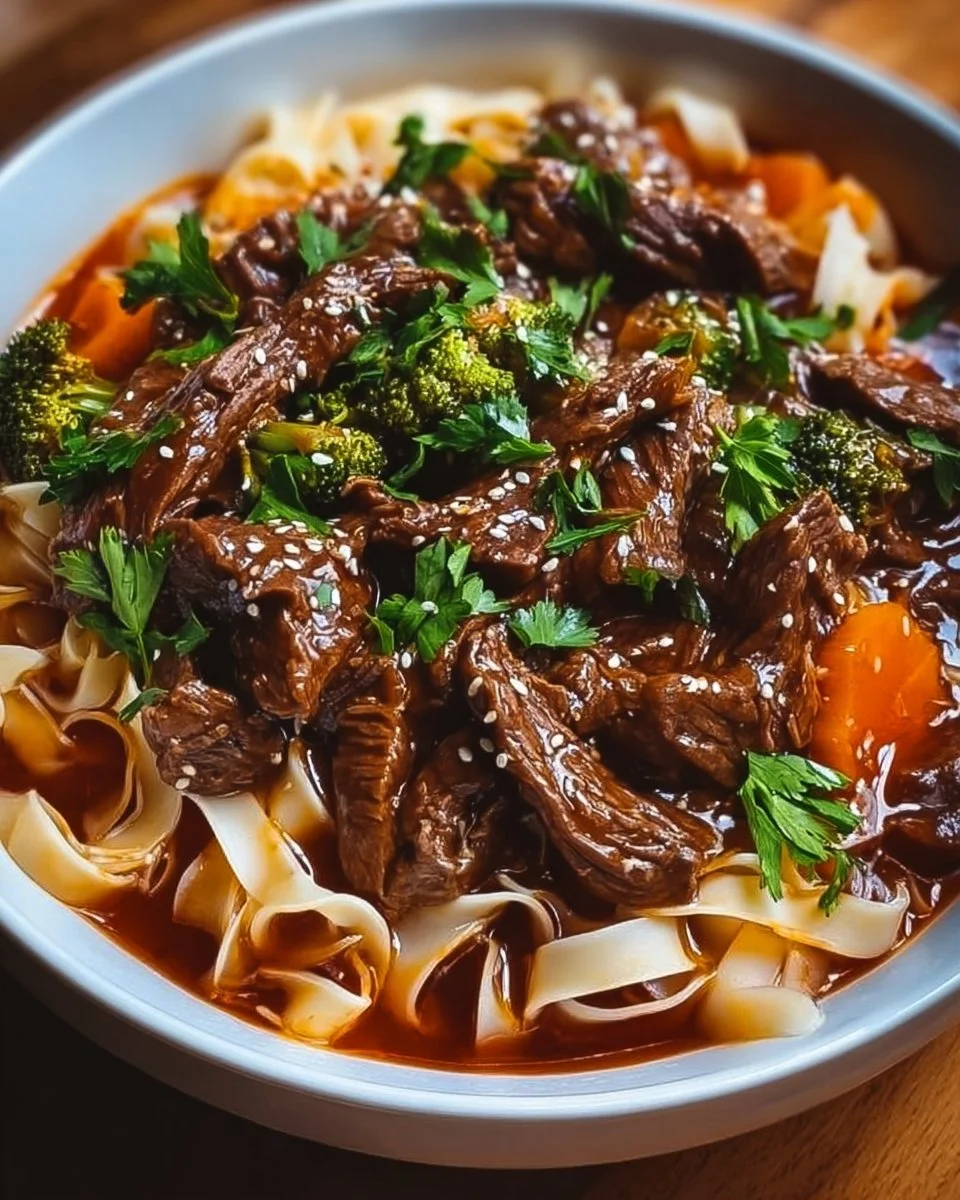 Koreanische Rindfleischnudeln mit frischen Zutaten und würziger Sauce.