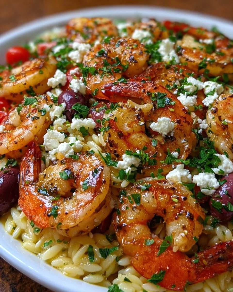 Zitronen-Feta-Orzo mit Garnelen