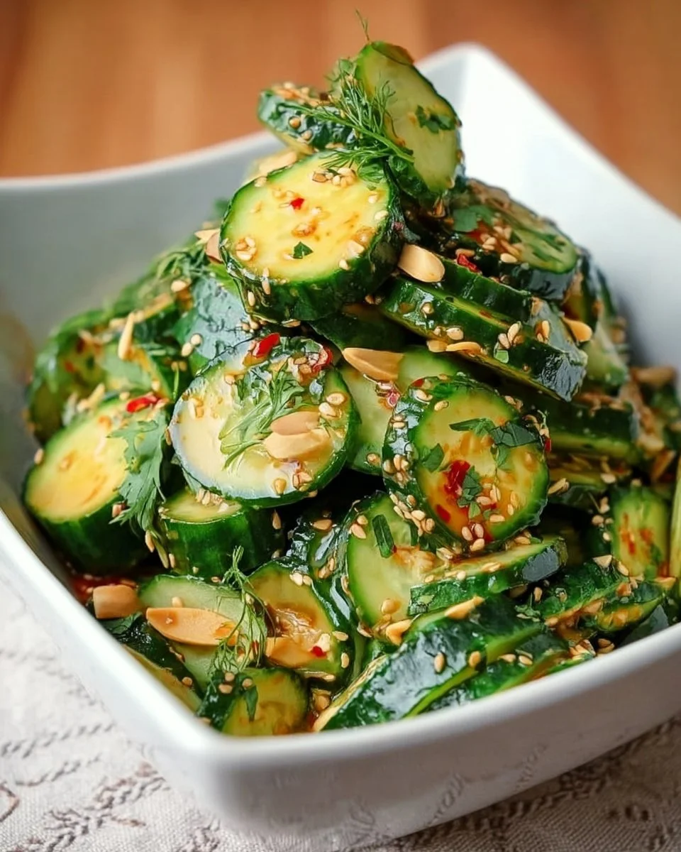 Asiatischer Gurkensalat mit Ingwer auf einem Teller