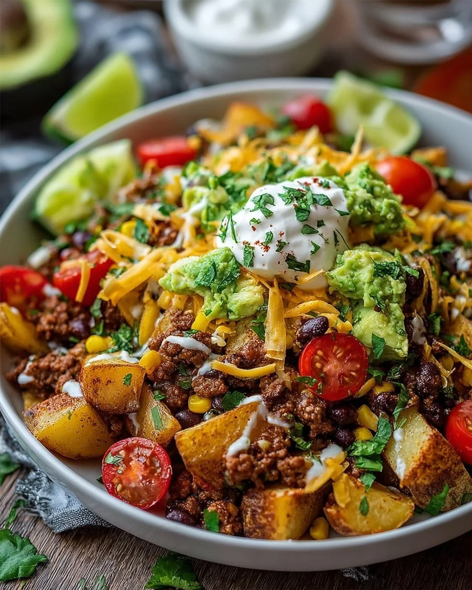 Beladene Kartoffel-Taco-Schüssel mit frischen Zutaten und ansprechender Präsentation.