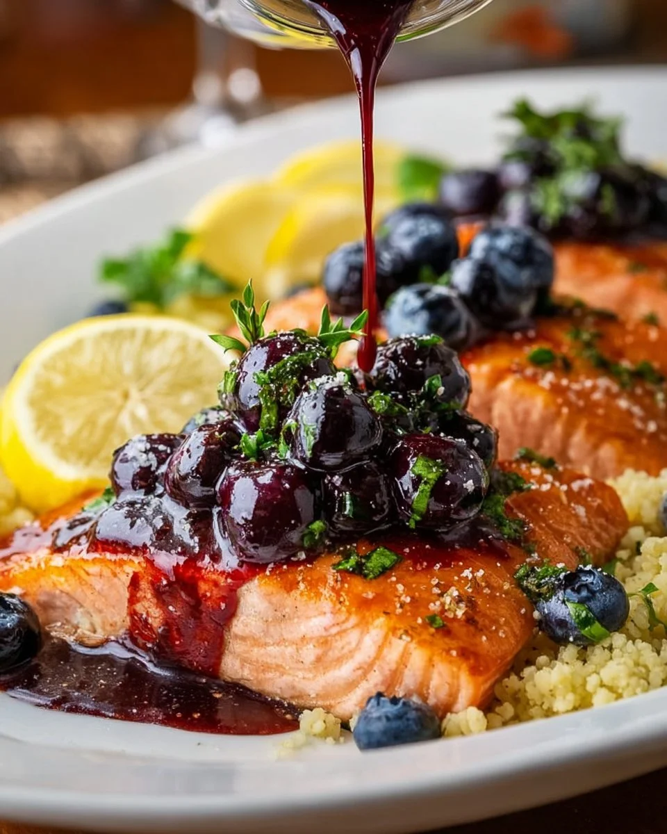 Blaubeer-Glasierte Lachsfilets mit Zitronen-Kräuter-Couscous