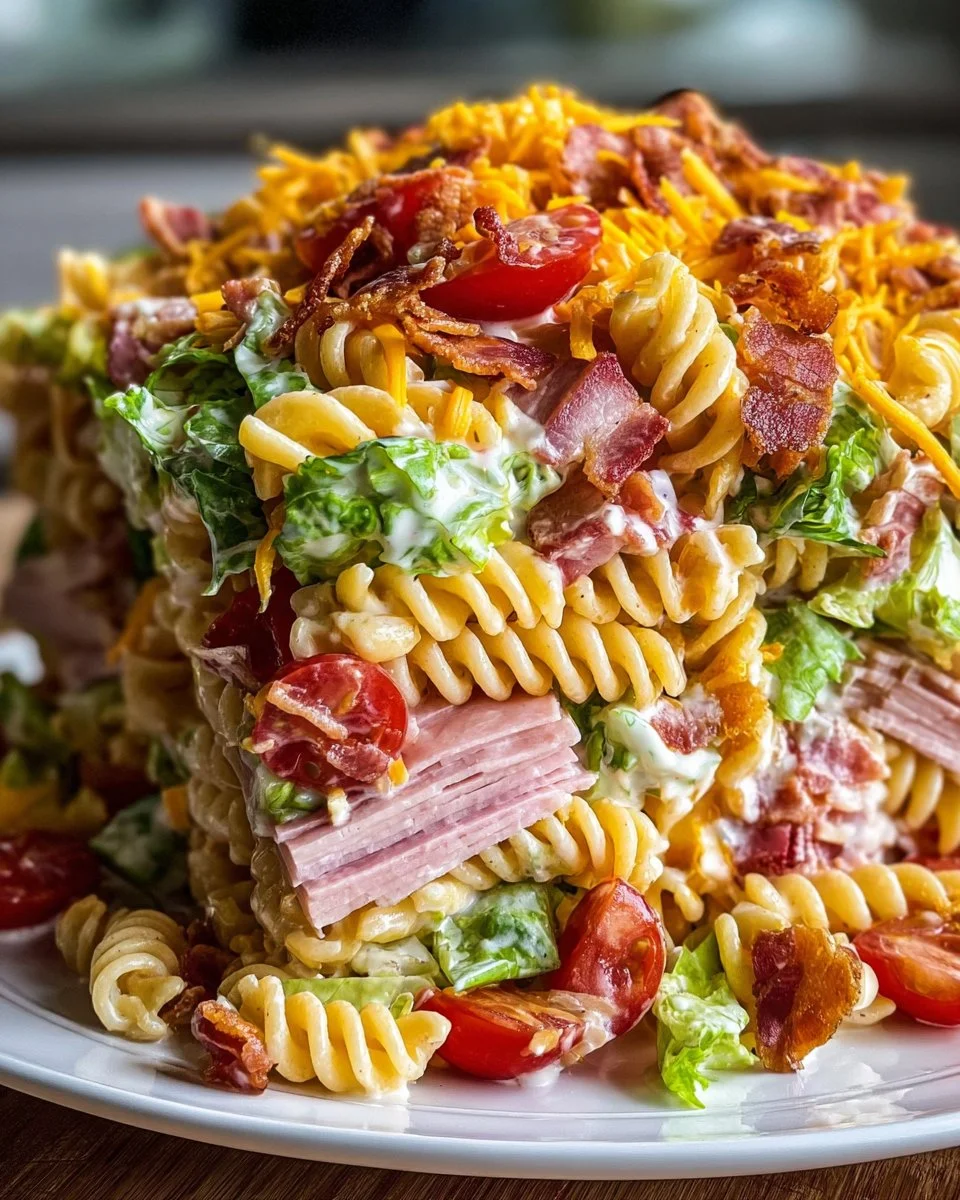 Leckere Portion Club-Sandwich-Nudelsalat auf einem weißen Teller angerichtet.