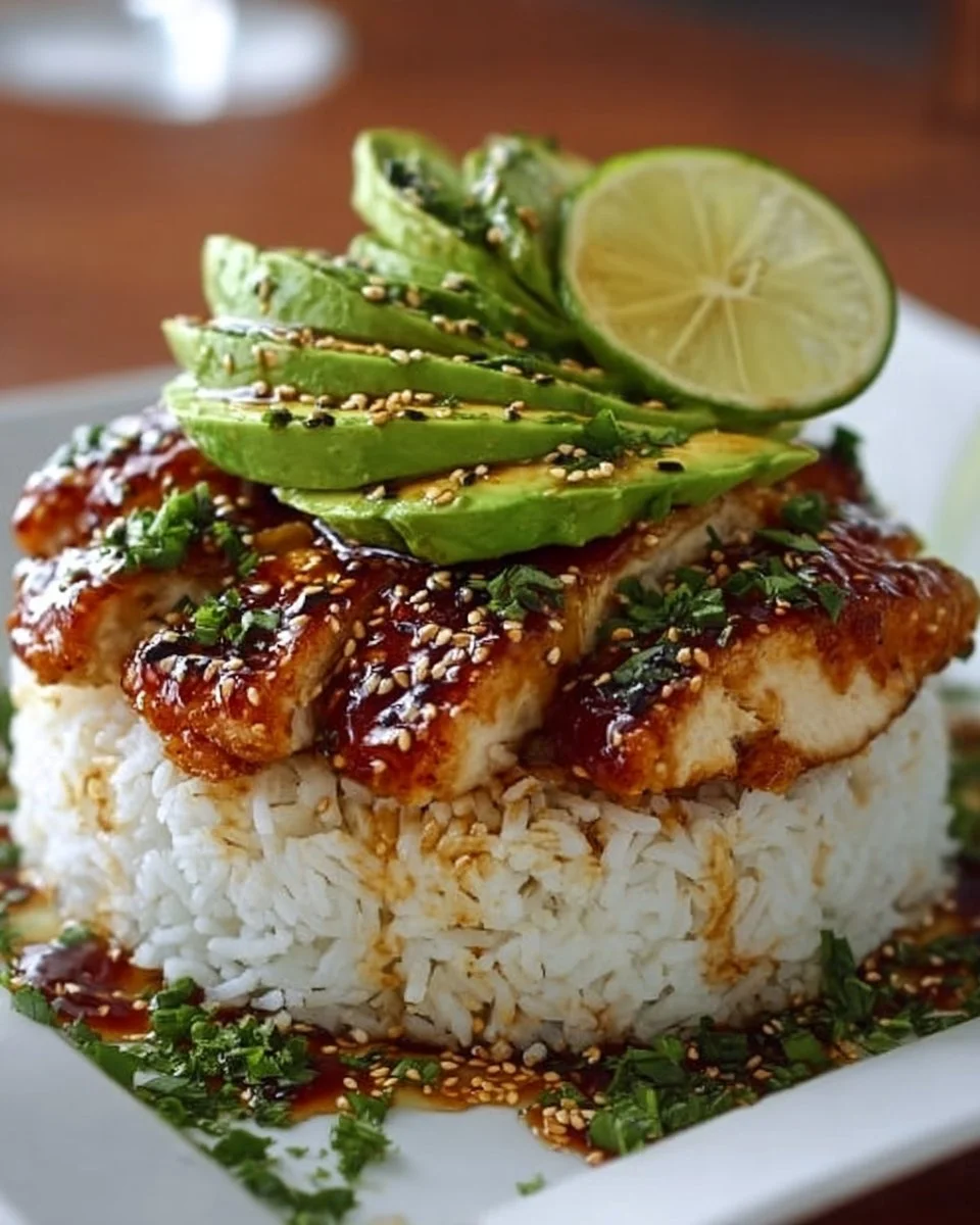 Einfache Honig-Limetten-Hähnchen mit Avocado-Reis-Stapeln