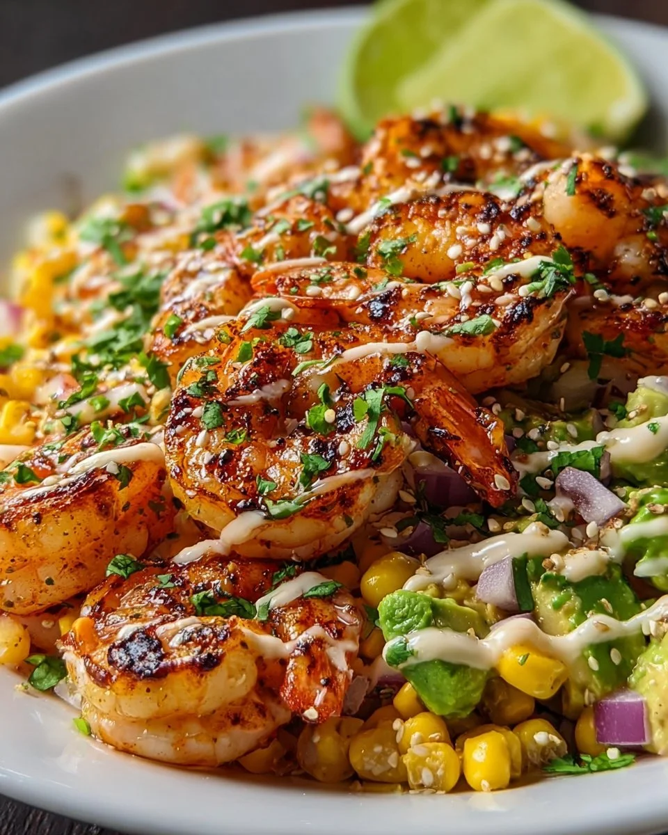 Gegrillte Garnelen-Schüssel mit Avocado, Mais-Salsa und cremiger Knoblauchsoße
