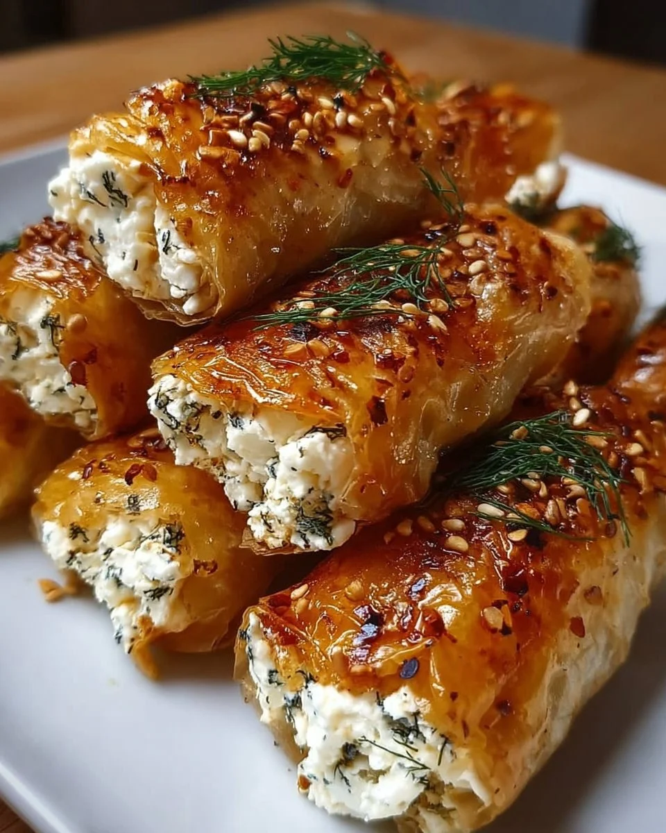 Ofen-frittierte Feta-Rollen mit Chili-Honig-Glasur auf einem Teller