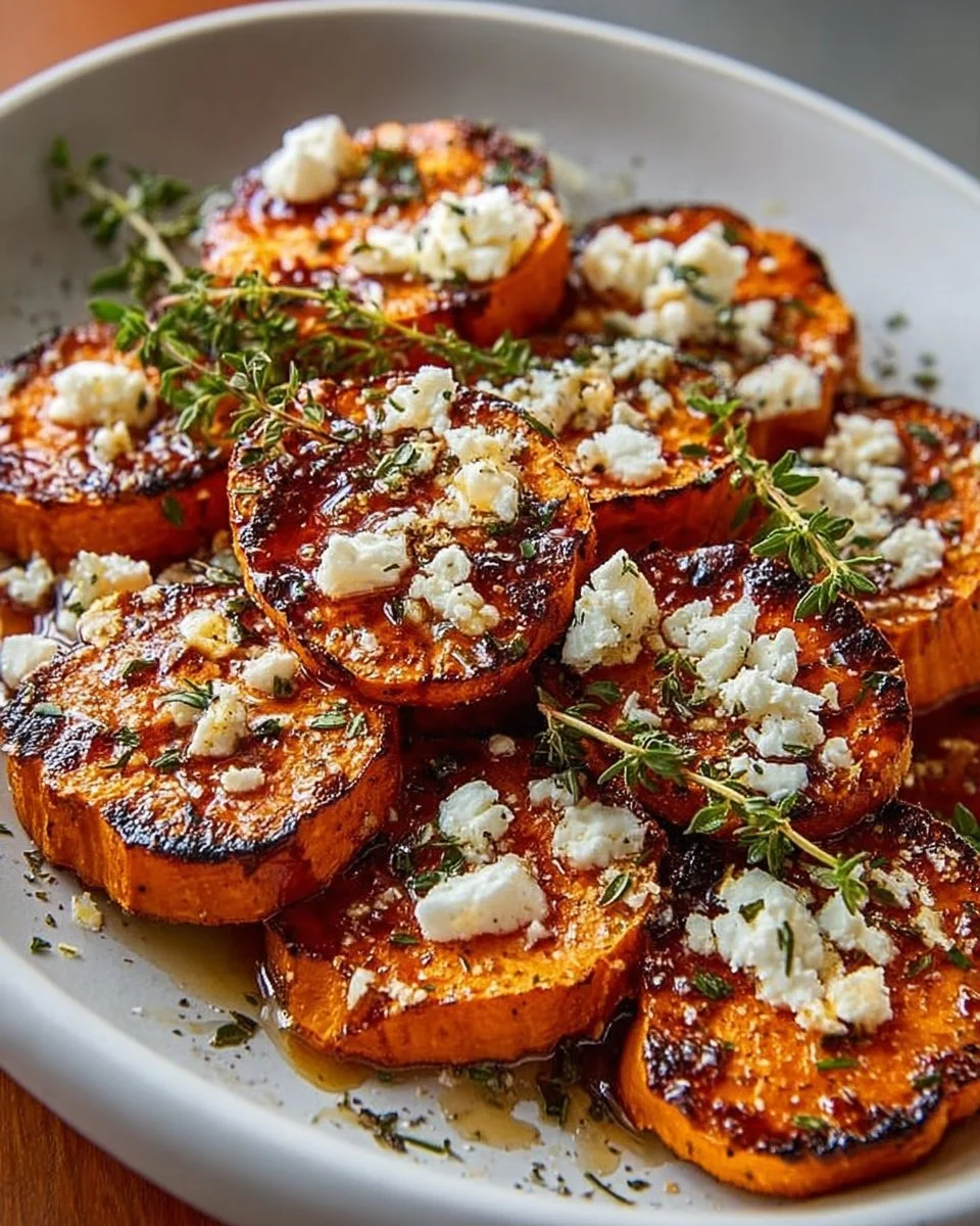 Gourmet Honig-Feta-Süßkartoffelrunden auf einem Teller angerichtet