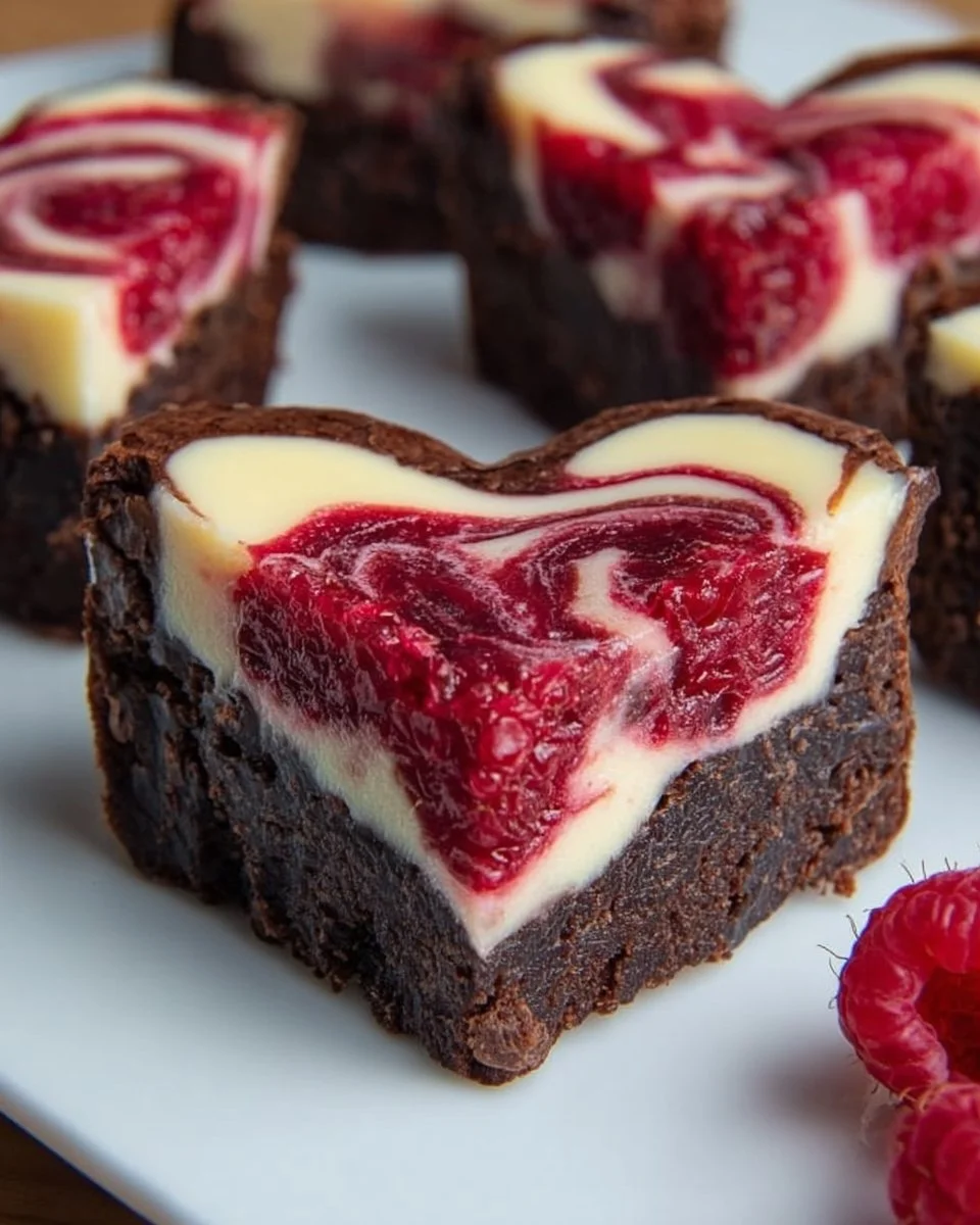 Herzförmige Brownies mit Himbeerswirl und Cheesecake
