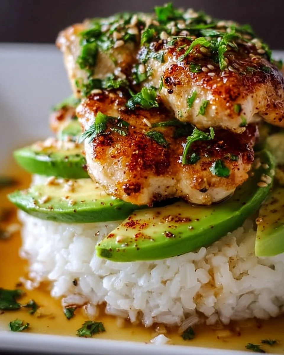 Honig-Limetten-Hühnchen und Avocado-Reis-Stapel
