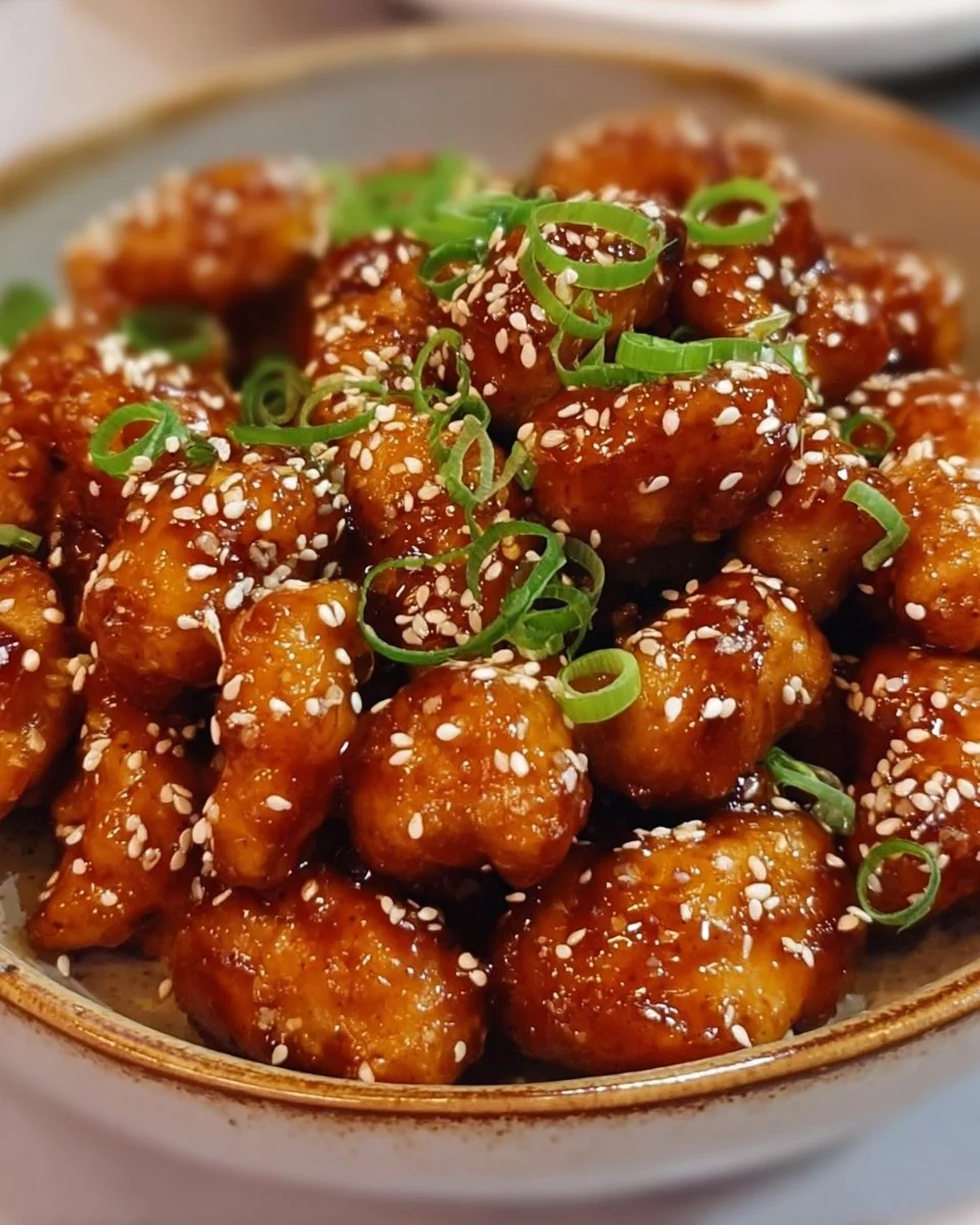Köstliches Honig-Sesam-Hähnchen auf einem Teller serviert
