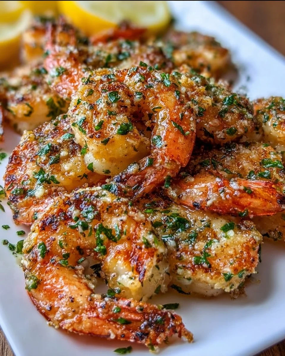 Knoblauch-Parmesan-Röstgarnelen auf einem Teller, lecker und knusprig zubereitet