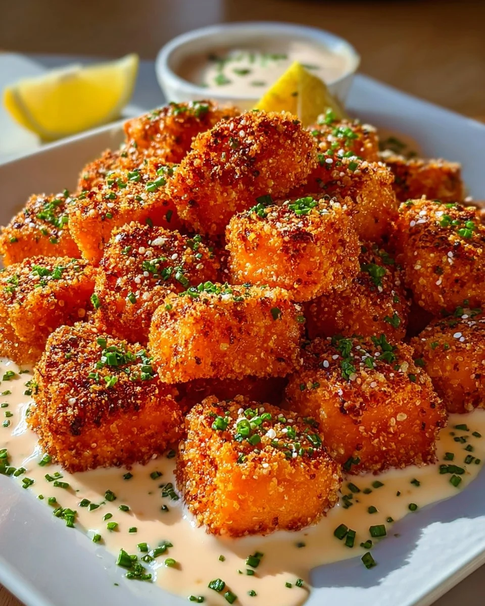 Knusprige Bang Bang Lachs Häppchen auf einem Teller angerichtet