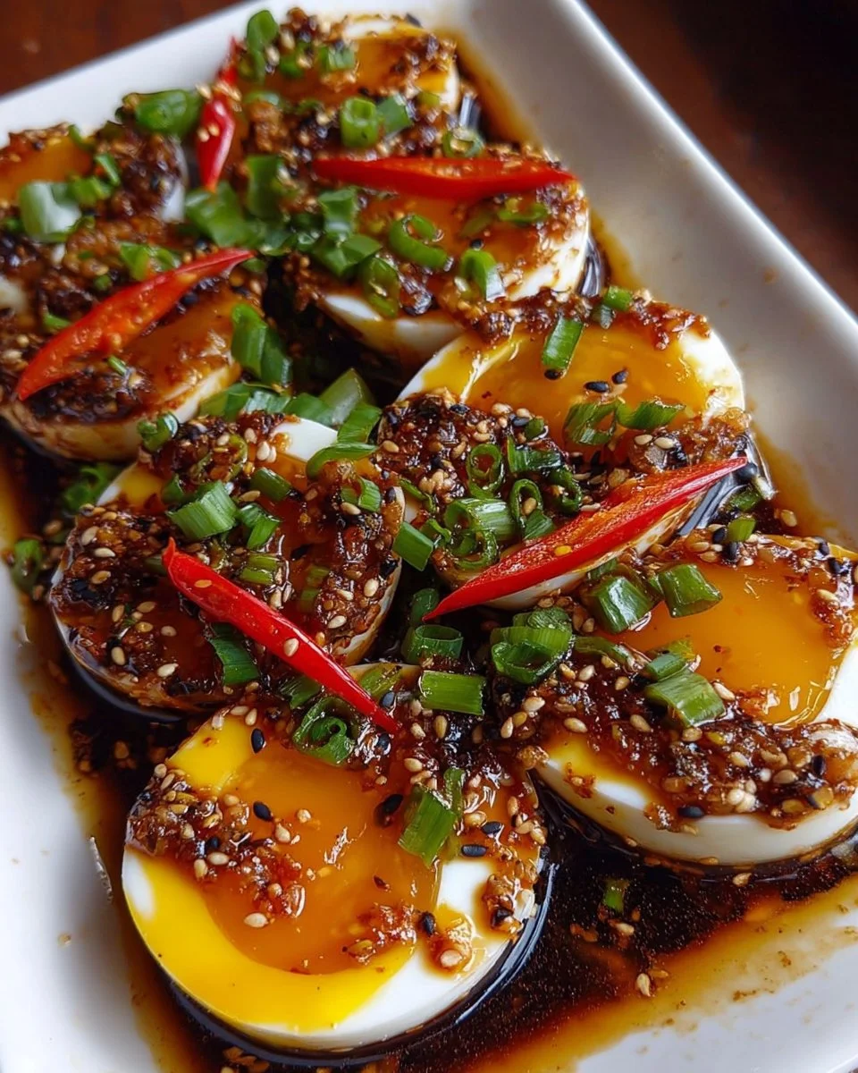 Koreanisch marinierte Eier auf einem Teller serviert