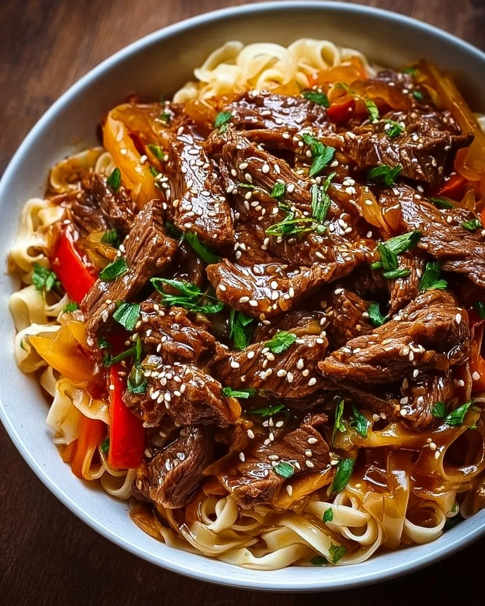 Koreanische Rindfleisch-Nudeln auf einem Teller mit frischem Gemüse