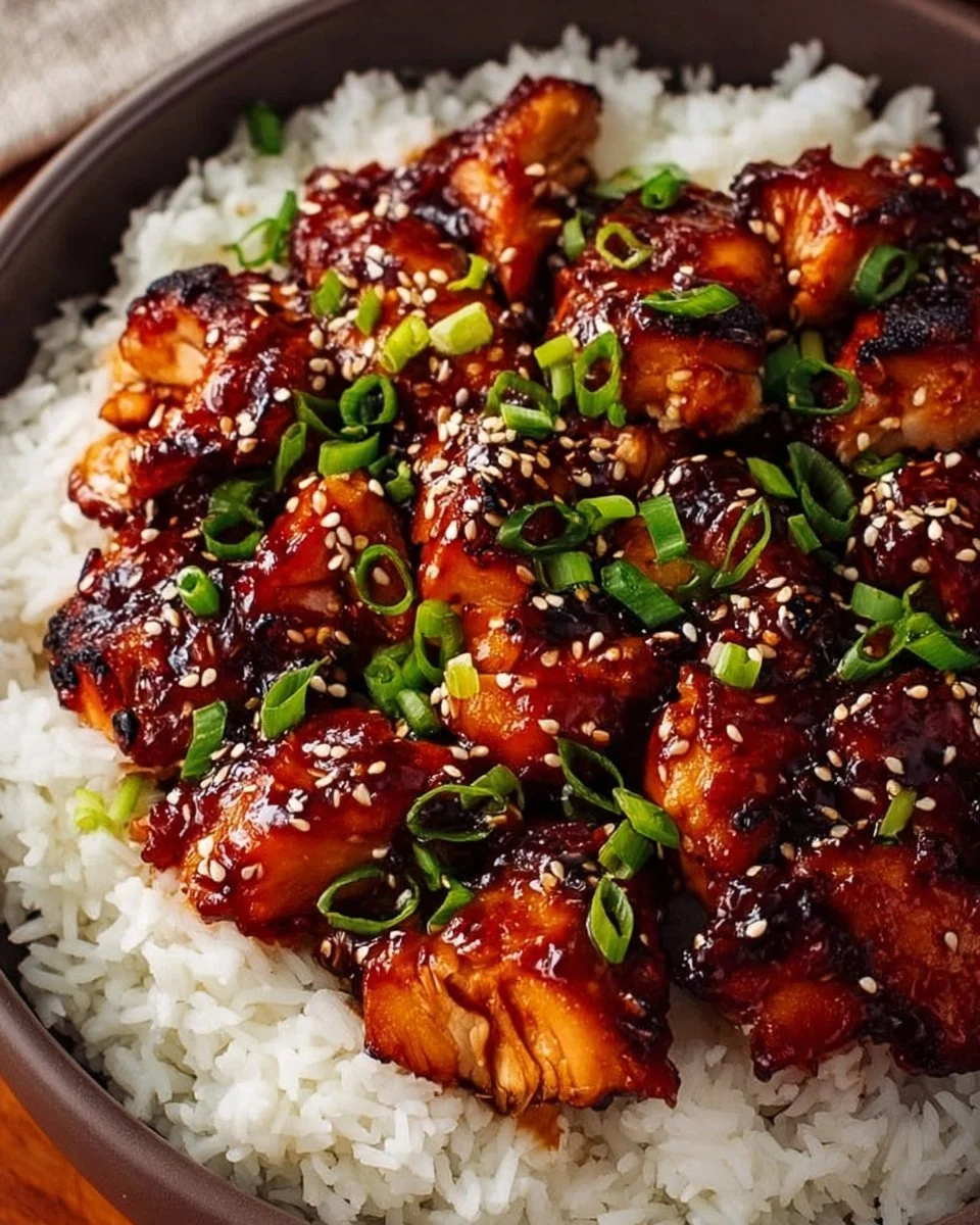 Koreanisches Gochujang-Hühnchen auf einem Teller mit Frischgemüse.