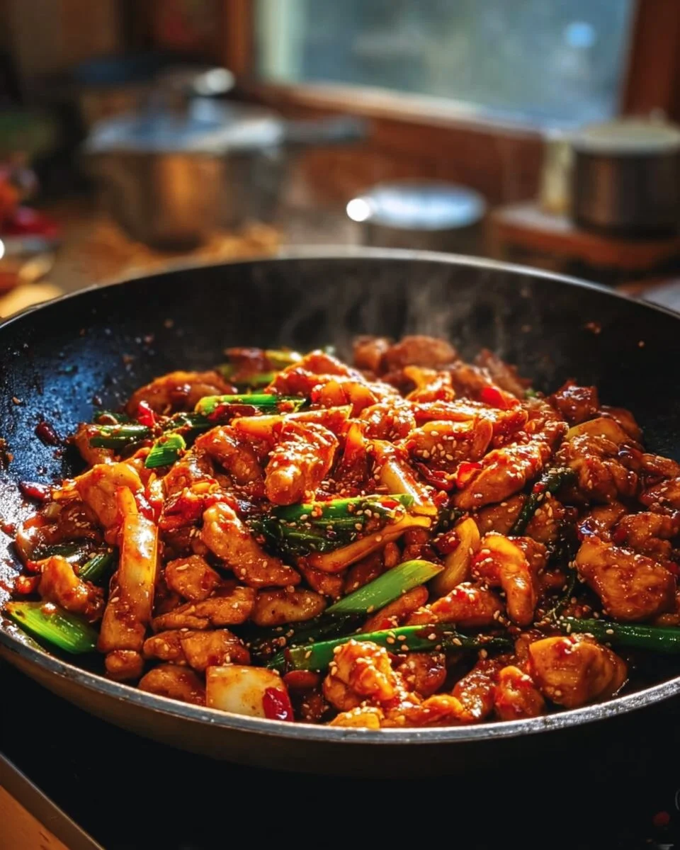 Koreanisches scharfes Hühner-Pfannengericht mit buntem Gemüse und würziger Sauce.