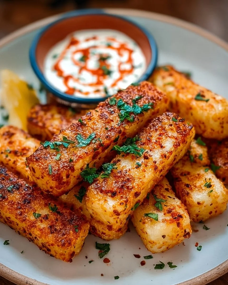 Luftfrittierte Halloumi-Streifen mit scharfen Dip auf einem Teller.