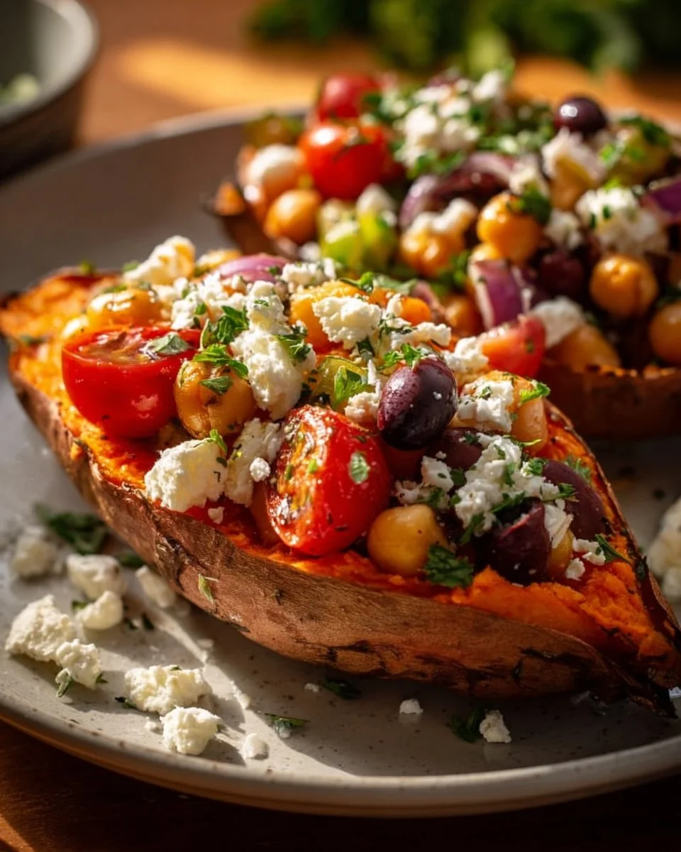Mediterrane gefüllte Süßkartoffeln mit frischen Zutaten und Gewürzen