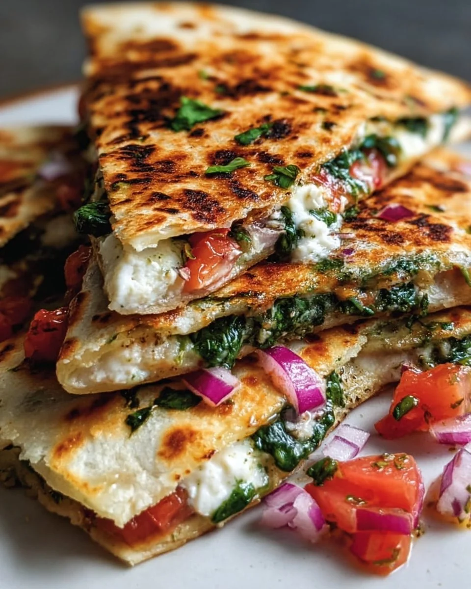 Mittelmeer-Quasadillas mit Spinat, Feta, Mozzarella und roten Zwiebeln