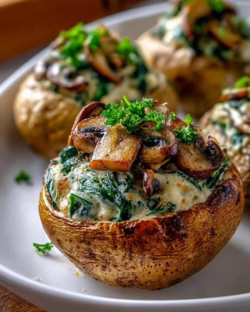 Ofenkartoffeln mit einer herzhaften Pilz-Spinat-Füllung auf einem Teller