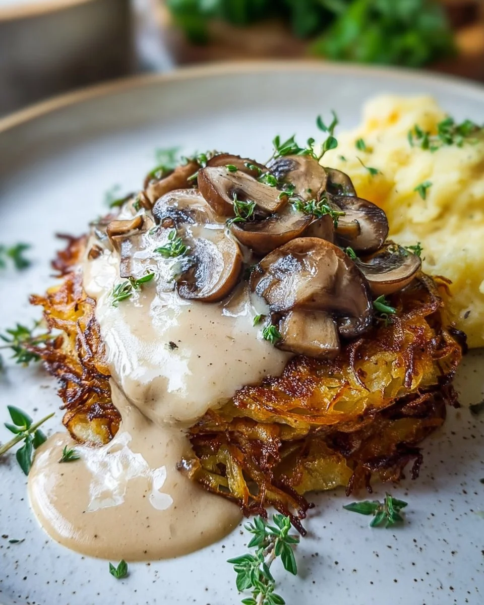 Rösti mit Mozzarella in cremiger Pilzsauce serviert auf einem Teller
