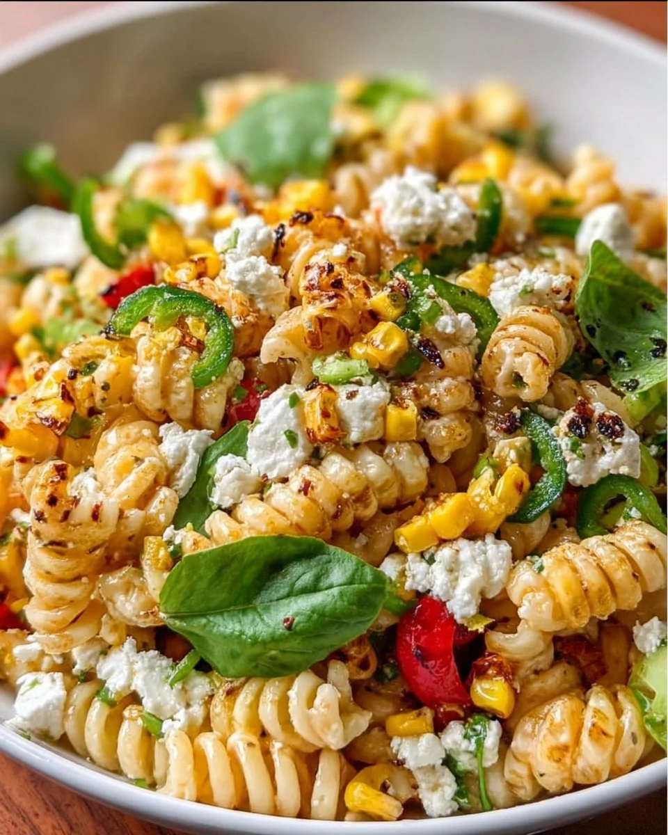 Saftiger Straßenmaiskern-Pasta-Salat in einer bunten Schüssel serviert