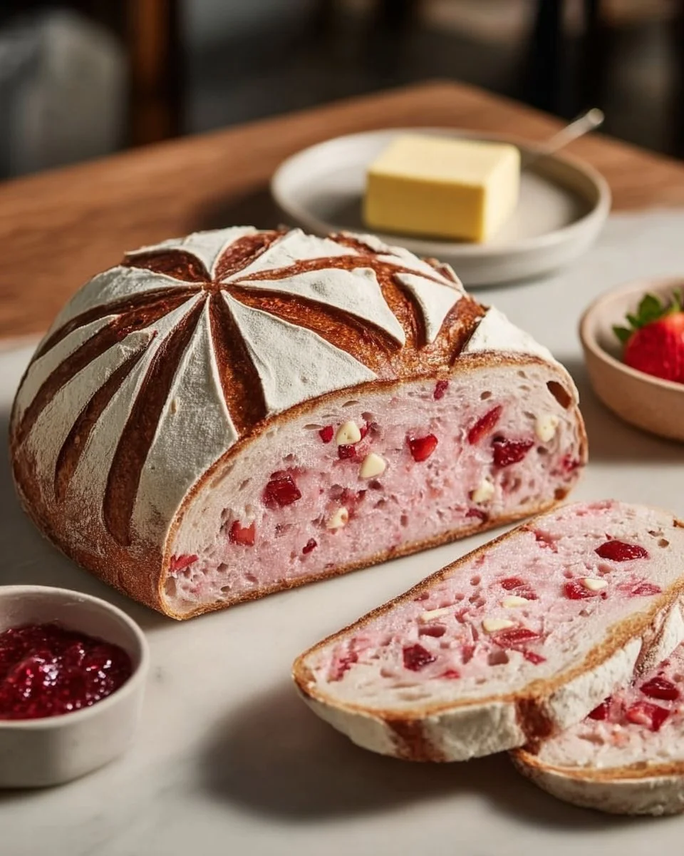 Sauerteig-Brot mit weißen Schokoladenstückchen und Erdbeeren