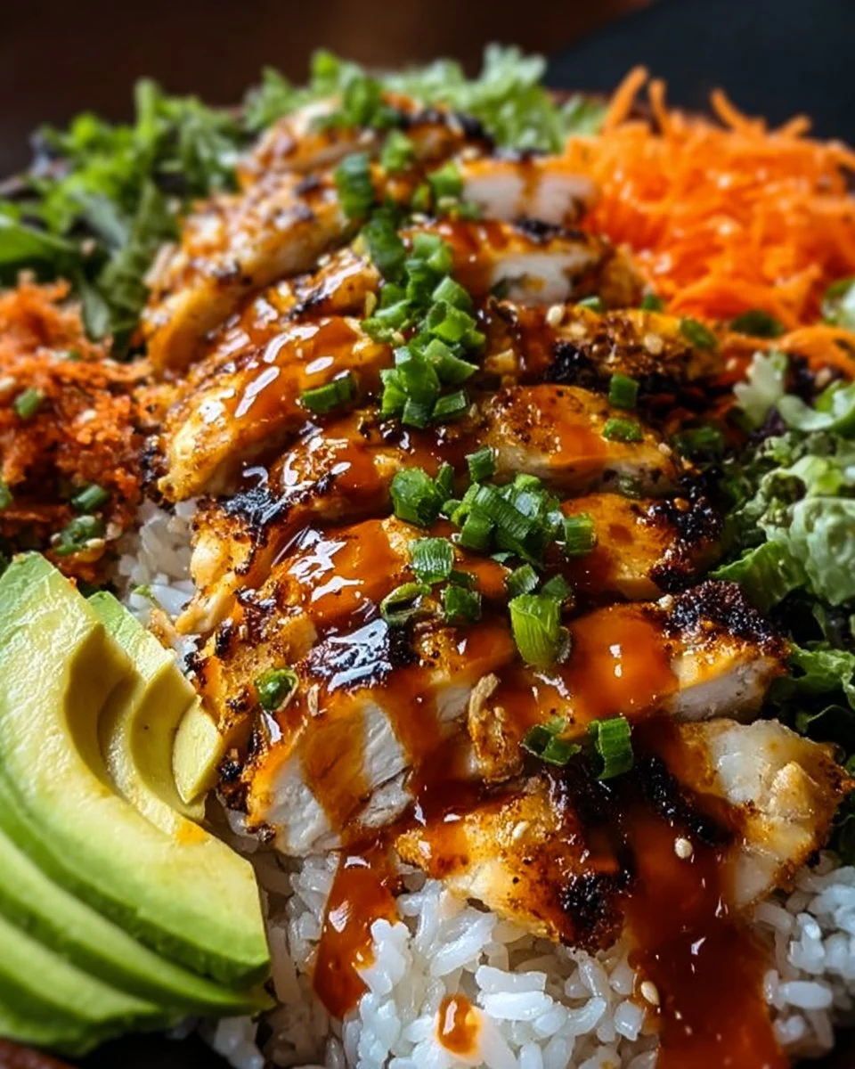 Scharfes Ahorn-Hähnchen serviert mit Kokosreis auf einem Teller.