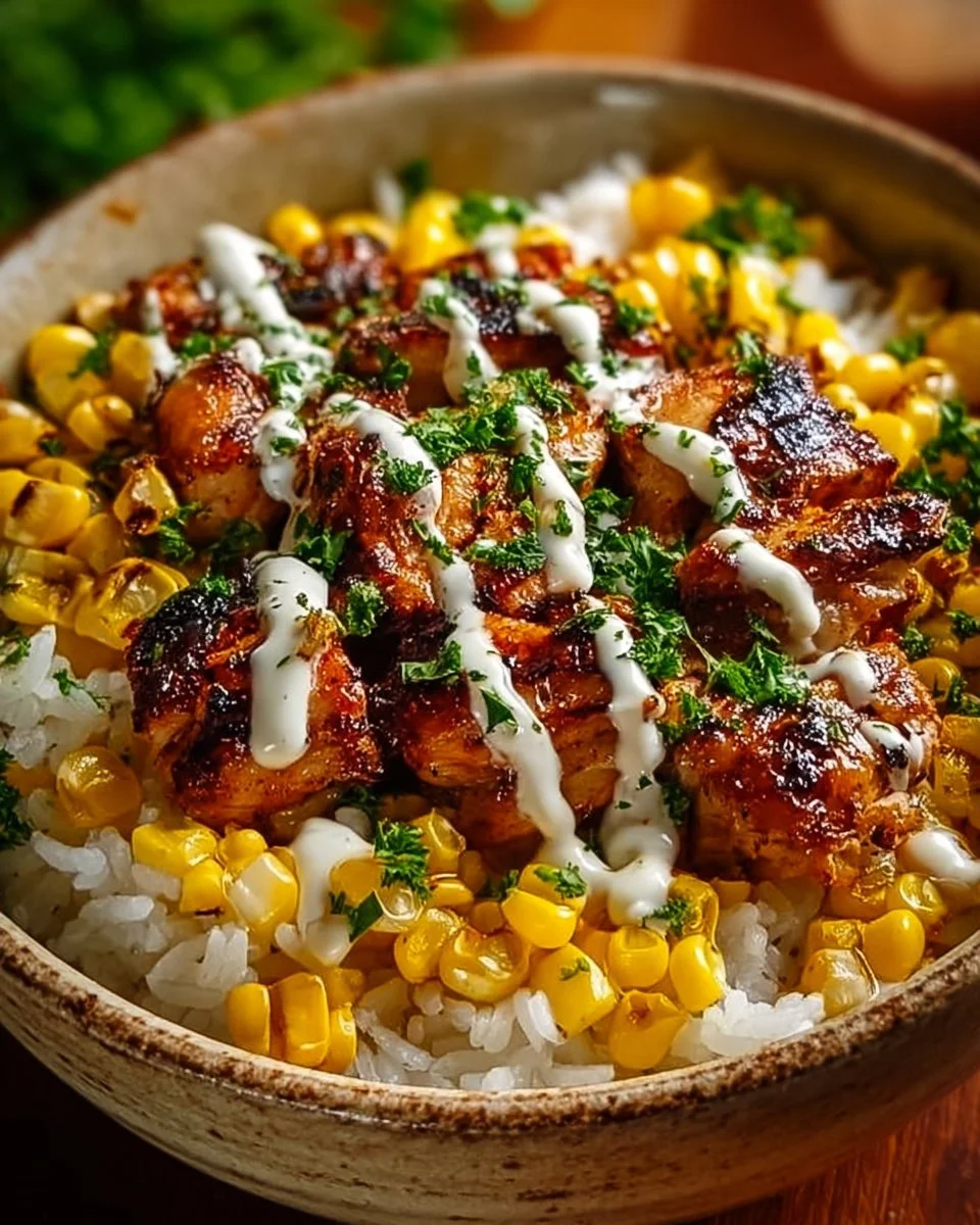 Straßenmais-Hühnchen-Reis-Schüssel
