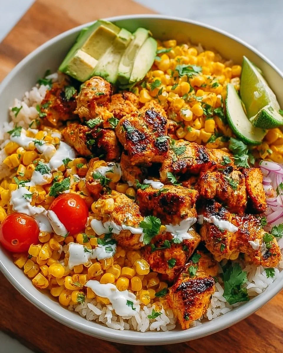 Straßenmais-Hühnchen-Reisbowl