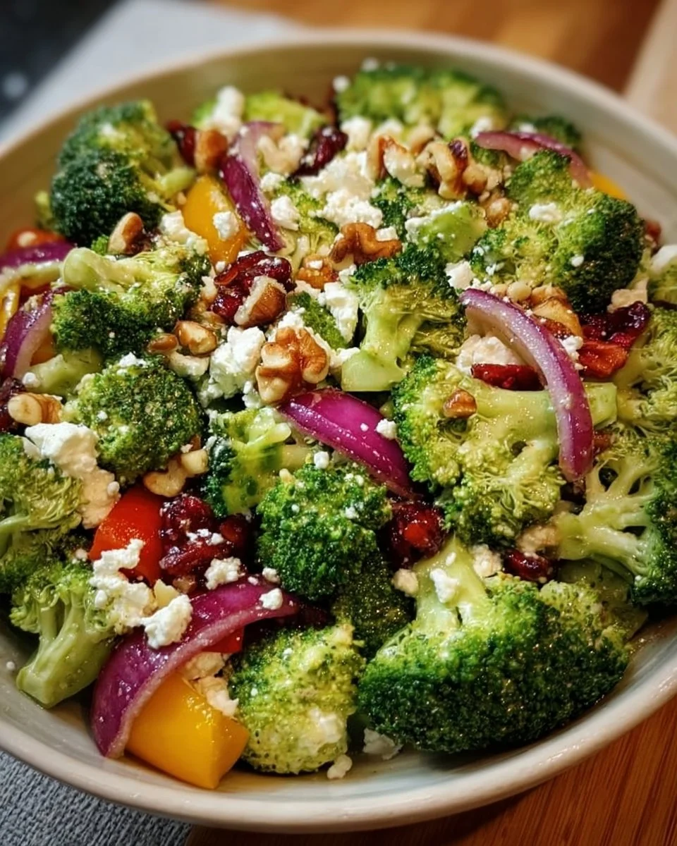 Frischer Brokkoli-Salat mit buntem Gemüse und Dressing
