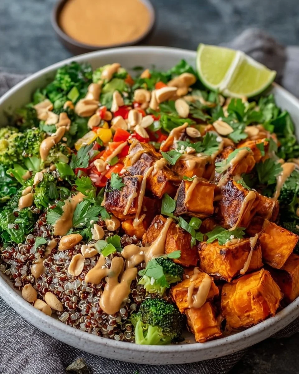 Buddha Bowl mit Süßkartoffeln und Erdnusssauce auf einem Teller serviert