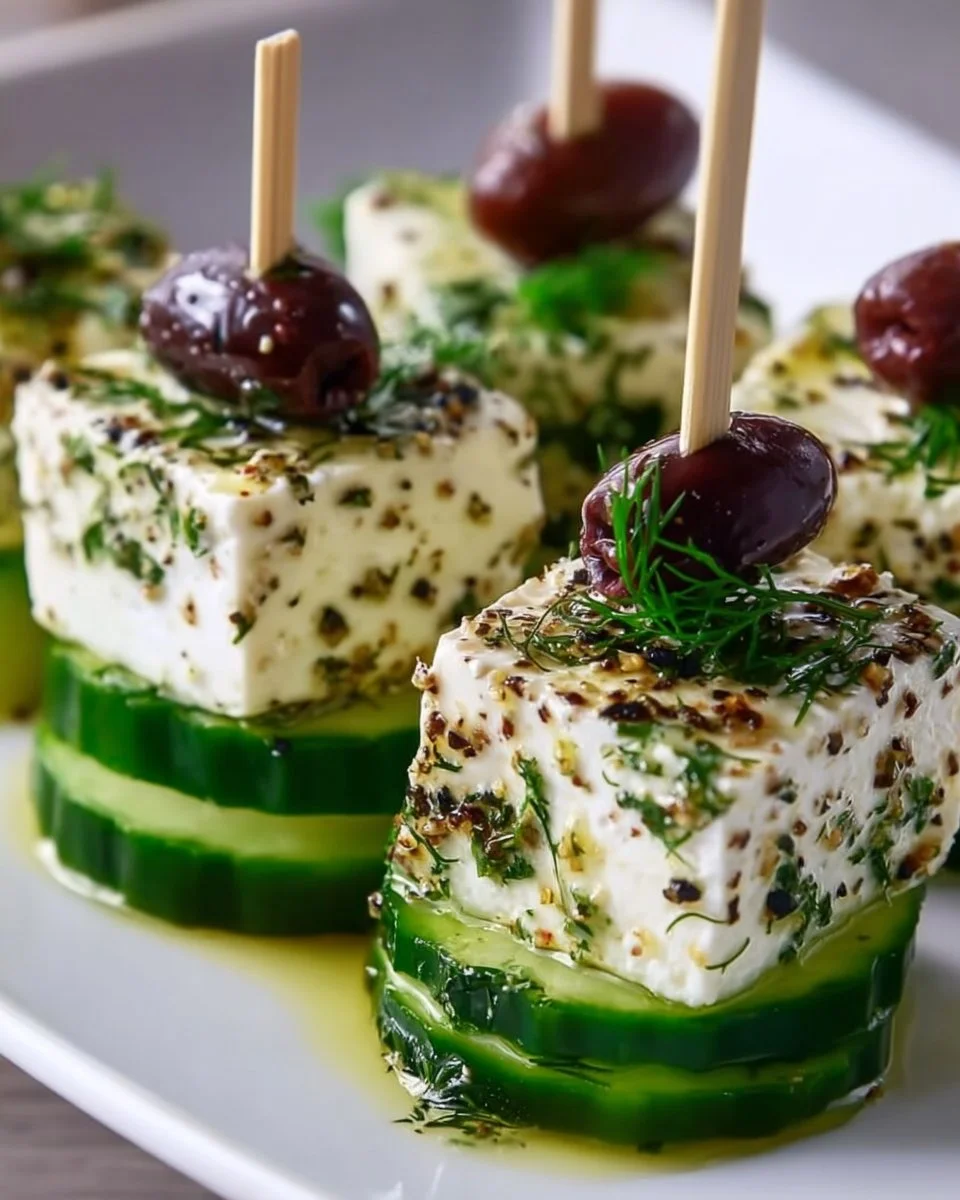 Feta-Gurken-Spieße mit frischen Zutaten auf einem Tisch