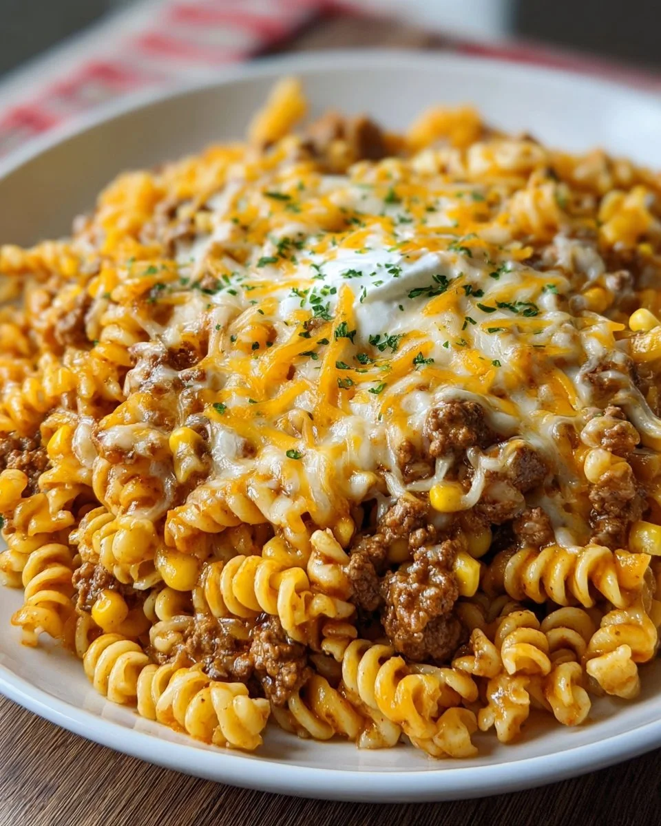 Käse-Ranch-Rotini-Auflauf mit Rindfleisch und süßen Maisschätzen