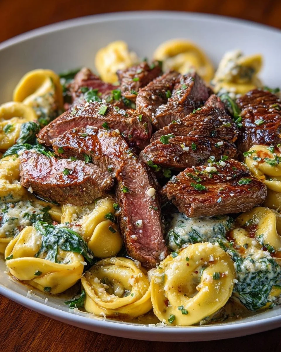 Knoblauch-Steak und käsegefüllte Tortellini-Pfanne