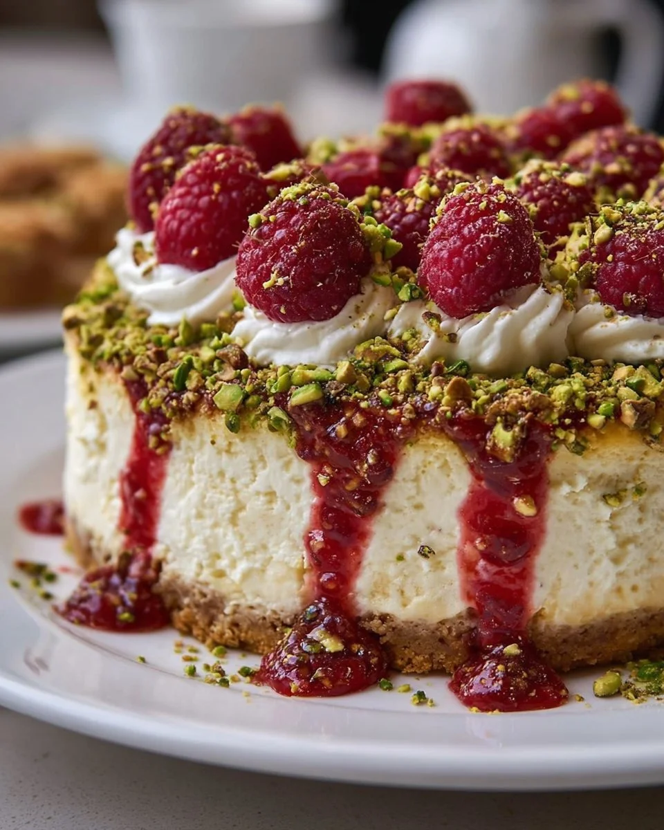 Pistazien-Raspberry-Crunch-Käsekuchen