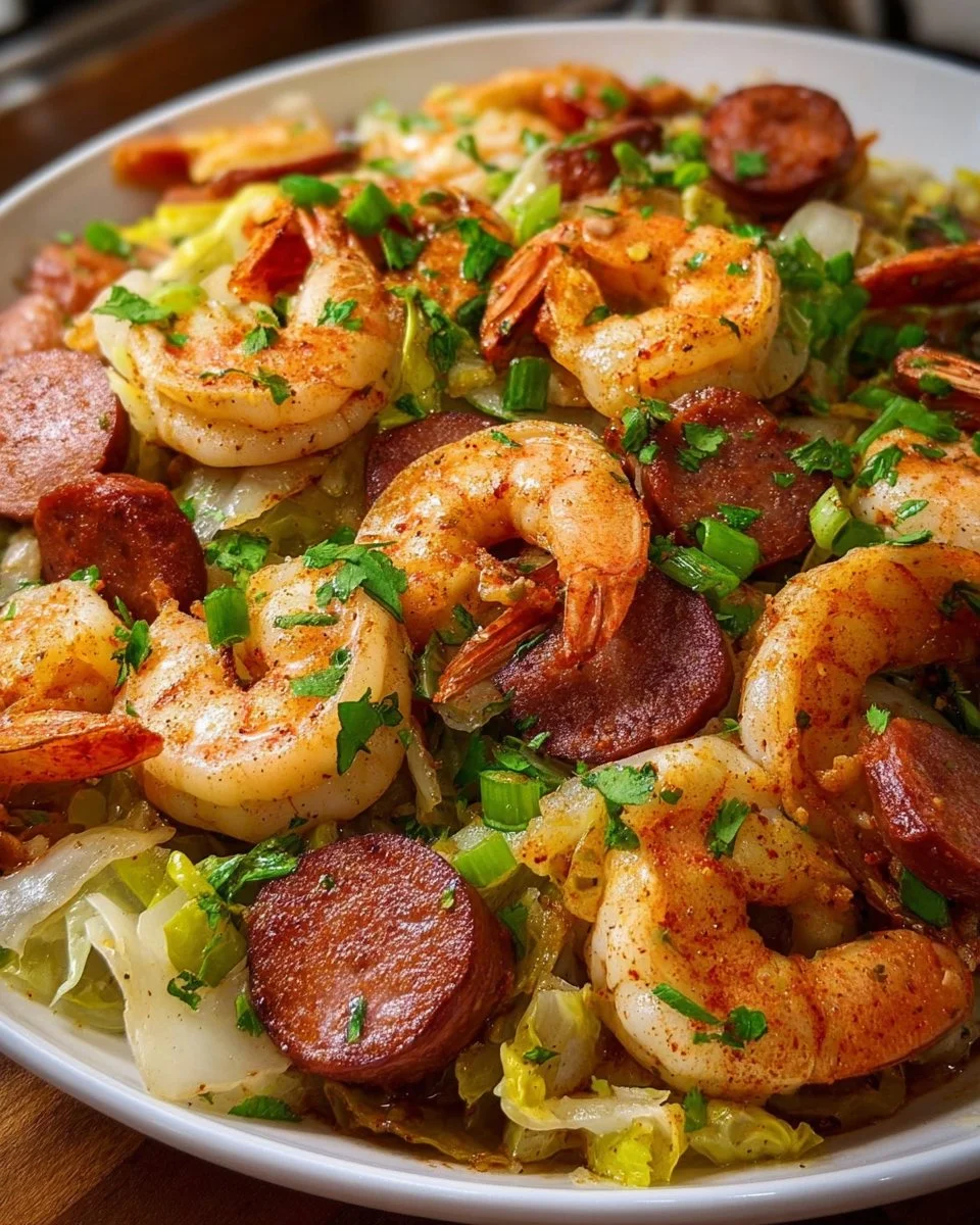 Shrimp, Sausage, and Cabbage Pan