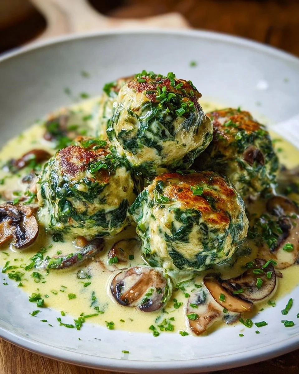 Spinatknödel mit Champignonsoße