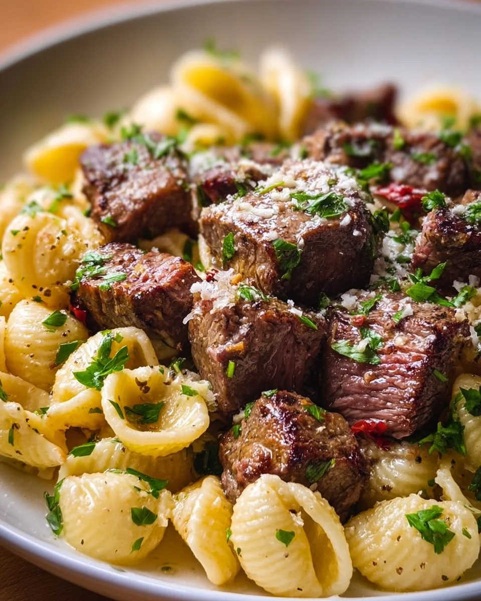 Steak Bites and Shell Pasta in Garlic Butter Alfredo Sauce