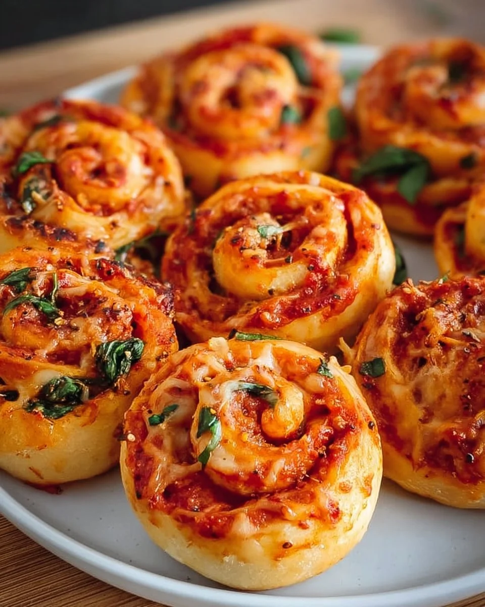 Leckere vegane Pizzaschnecken auf einem Holzbrett angerichtet.