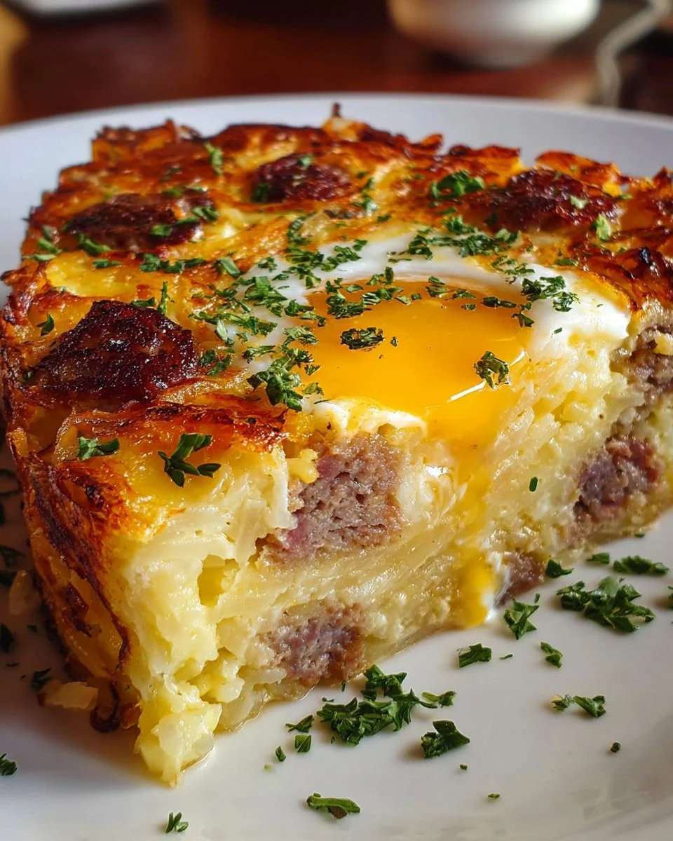 Wurst, Ei & Frischkäse-Kartoffelrösti-Auflauf