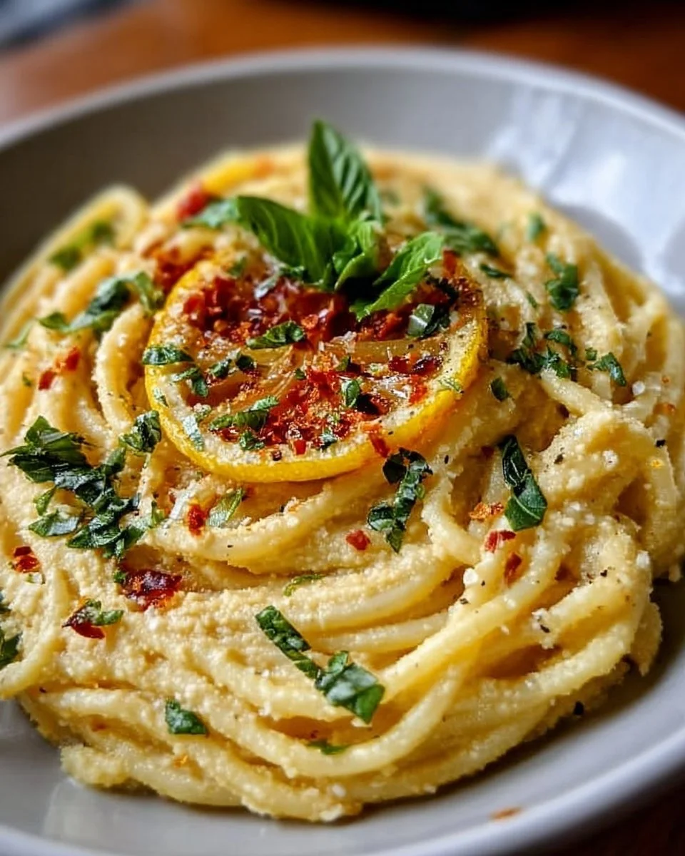 Zitronige Hummus Pasta serviert in einer Schüssel