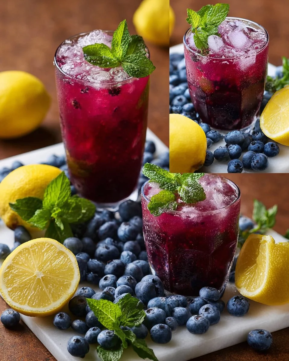Erfrischende Blaubeer-Zitronen-Limonade in einem Glas mit Früchten