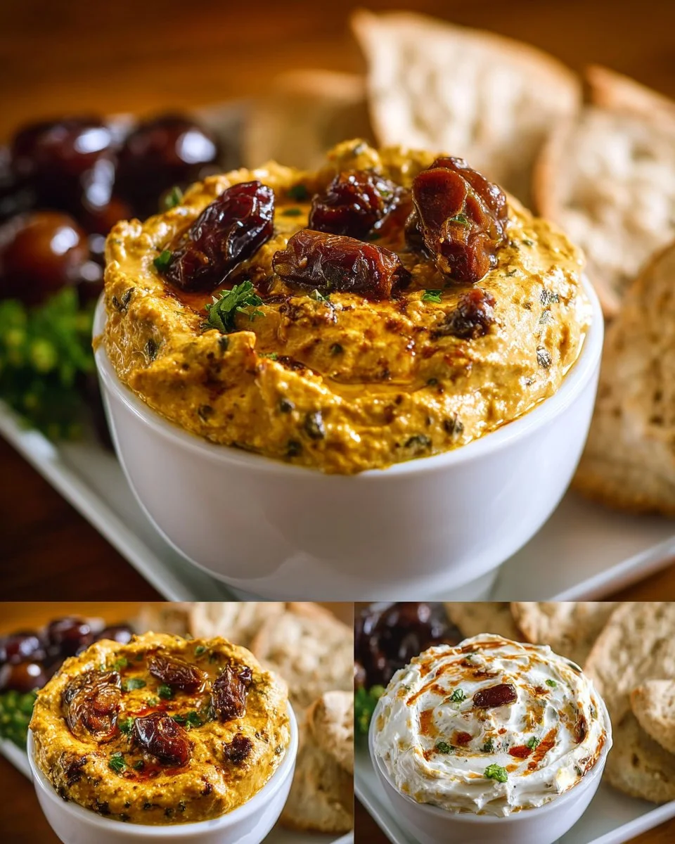 Curry-Dattel-Dip in einer Schale mit frischem Brot und Gemüse