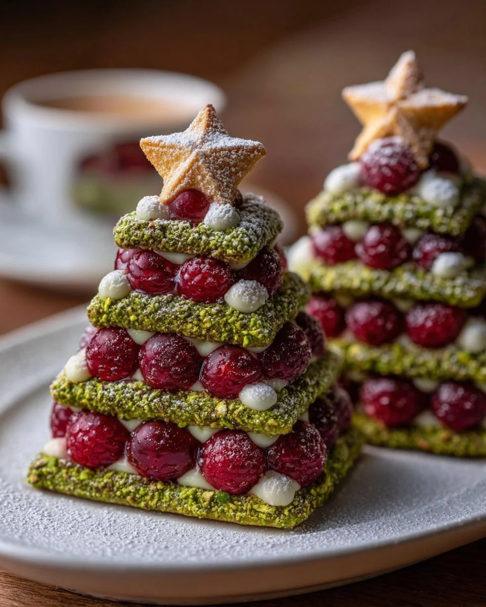 Pistachio Christmas Trees with Raspberry Filling