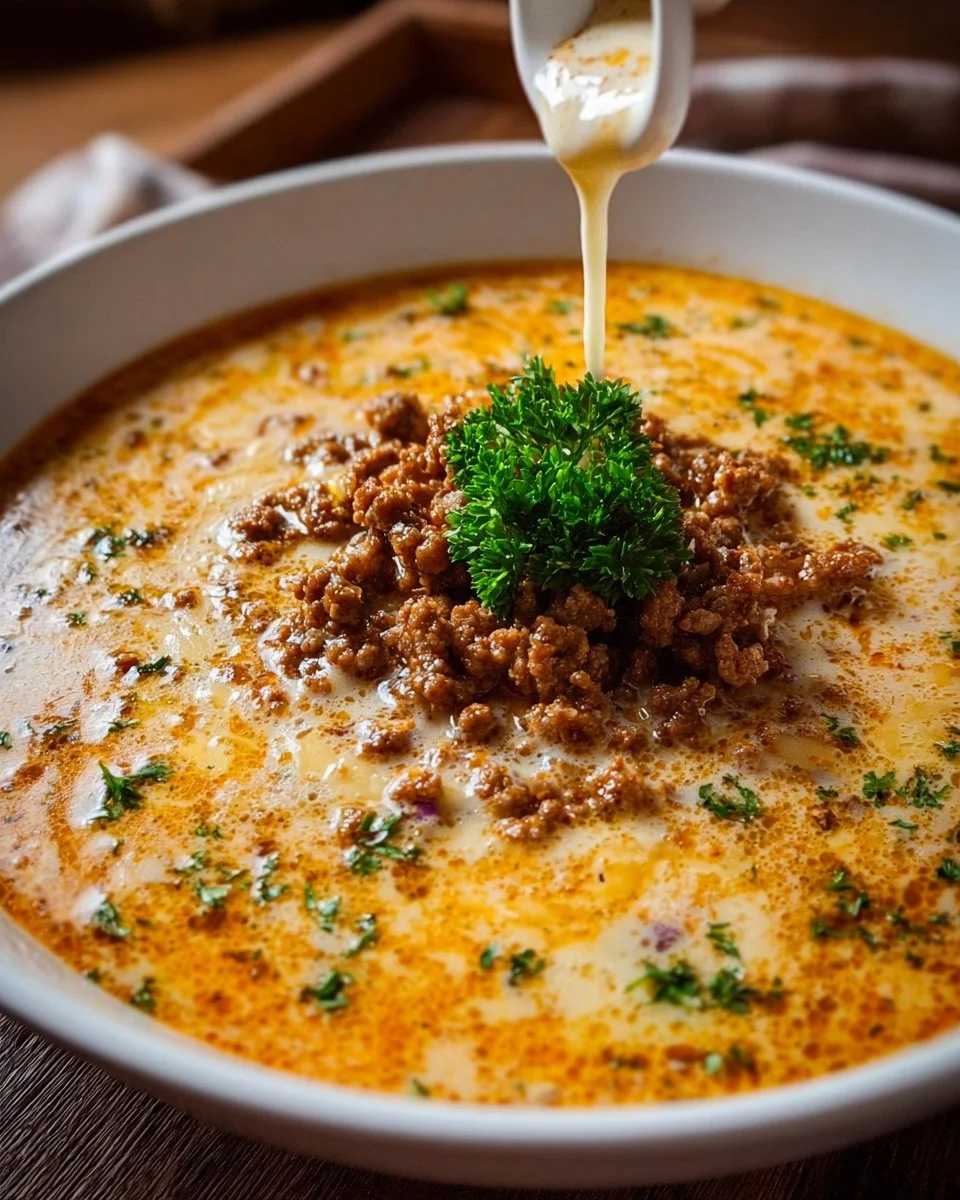 Warme Käsesuppe mit Hackfleisch