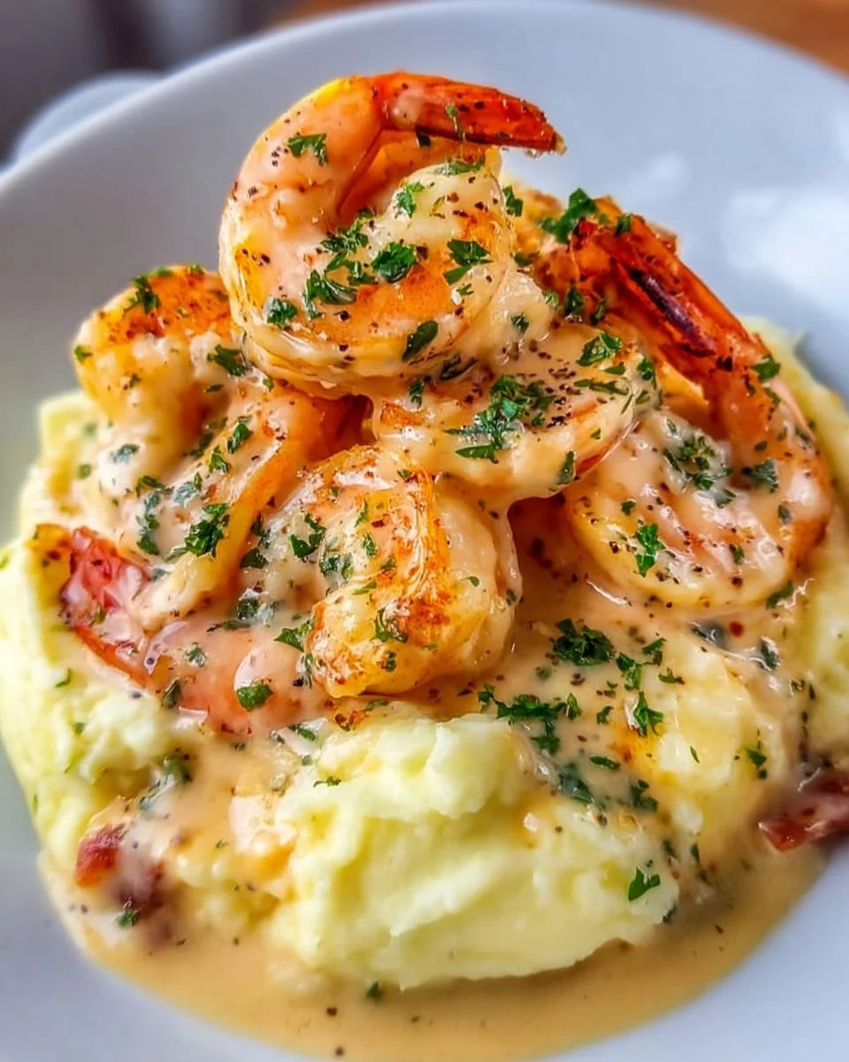 Cremige Knoblauch-Shrimps mit Kartoffelpüree