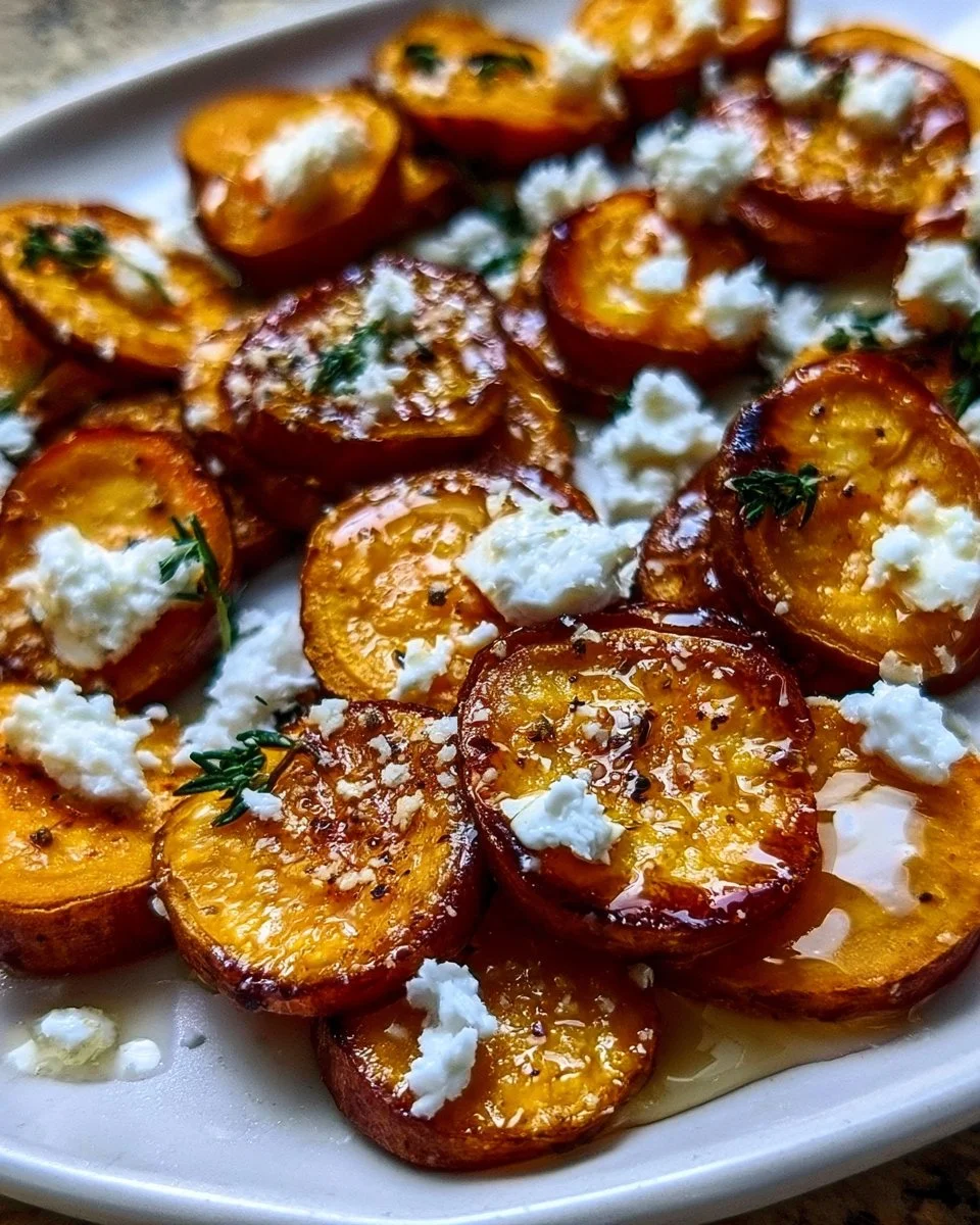 Fried sweet potato slices with honey and feta